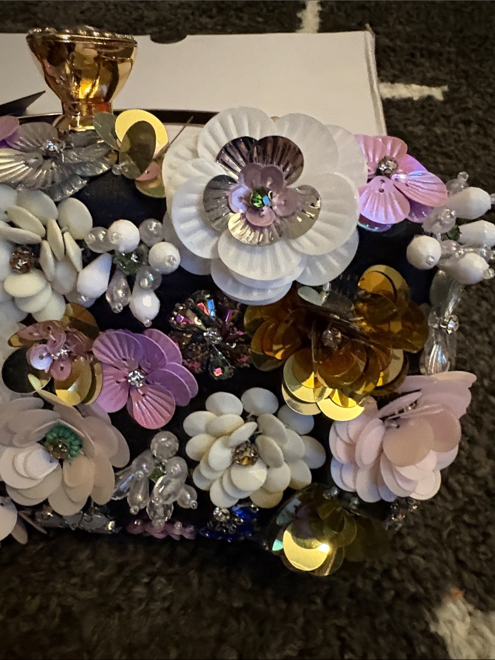 NEW BEBE  Multicolor Floral Sequin Embellished Evening Clutch with Gold Handle - Picture 6 of 14